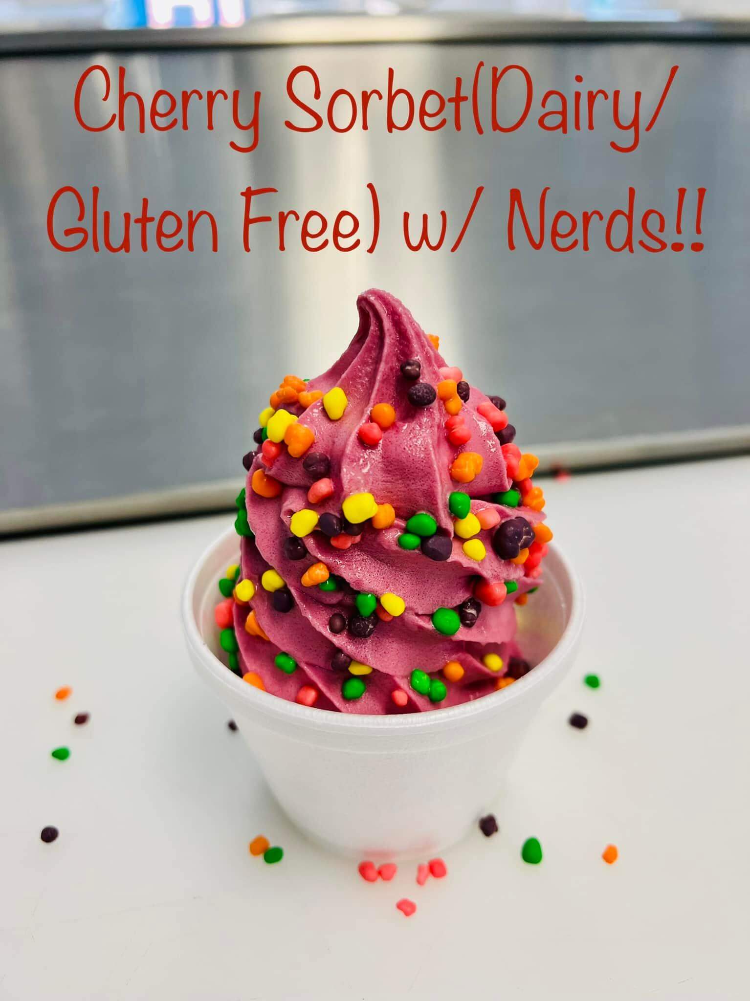 Cherry sorbet dairy gluten free with nerds!